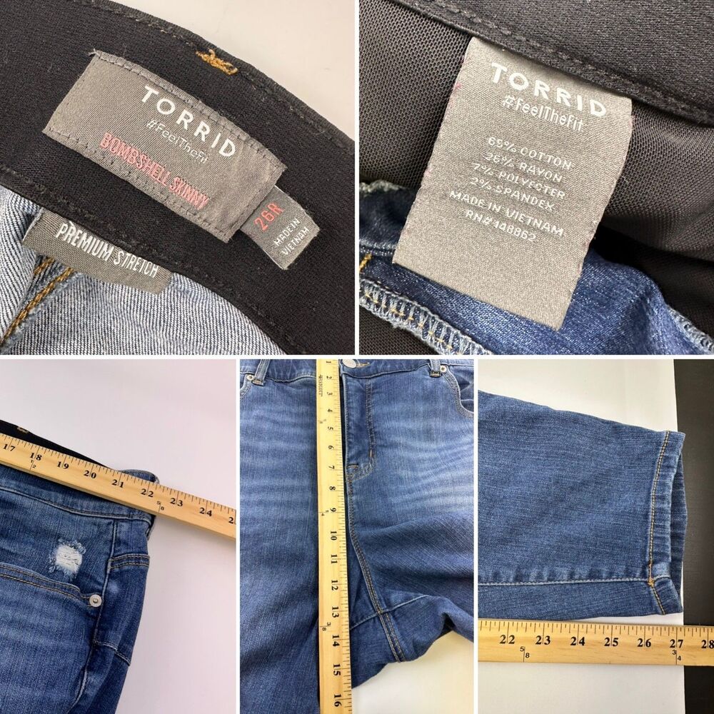 Torrid Bombshell Skinny Blue Jeans Black Denim Distressed Stretch Zip Womens 26R - Picture 7 of 15